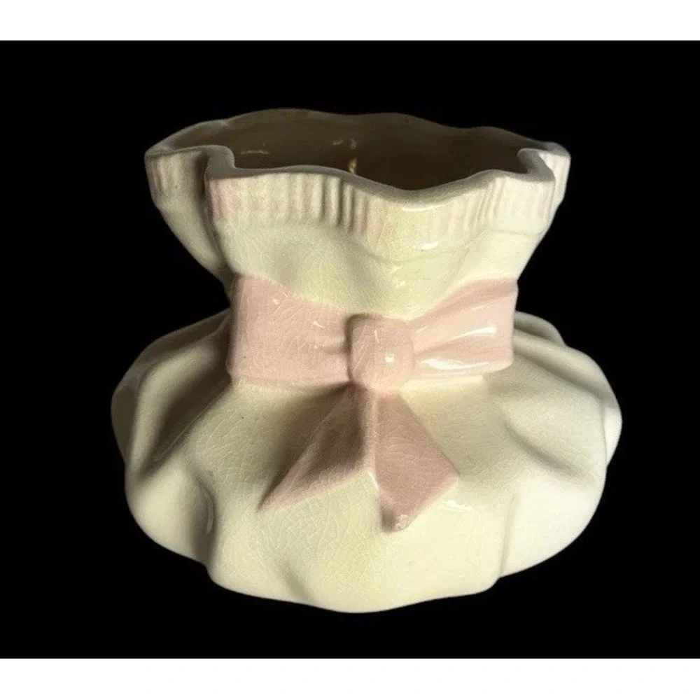 Vintage Ceramic Money Bag Planter Cream Pink Bow Crackle Glaze Vase Pot